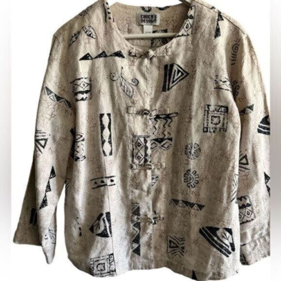 EUC - Chico’s Design - LINEN Cream/Black Long Sleeve Jacket with Buttons -Size M - Picture 1 of 8